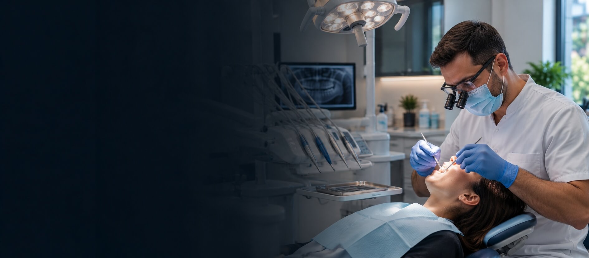 Professional dentist reviewing 3D dental implant diagnostics and patient treatment plan