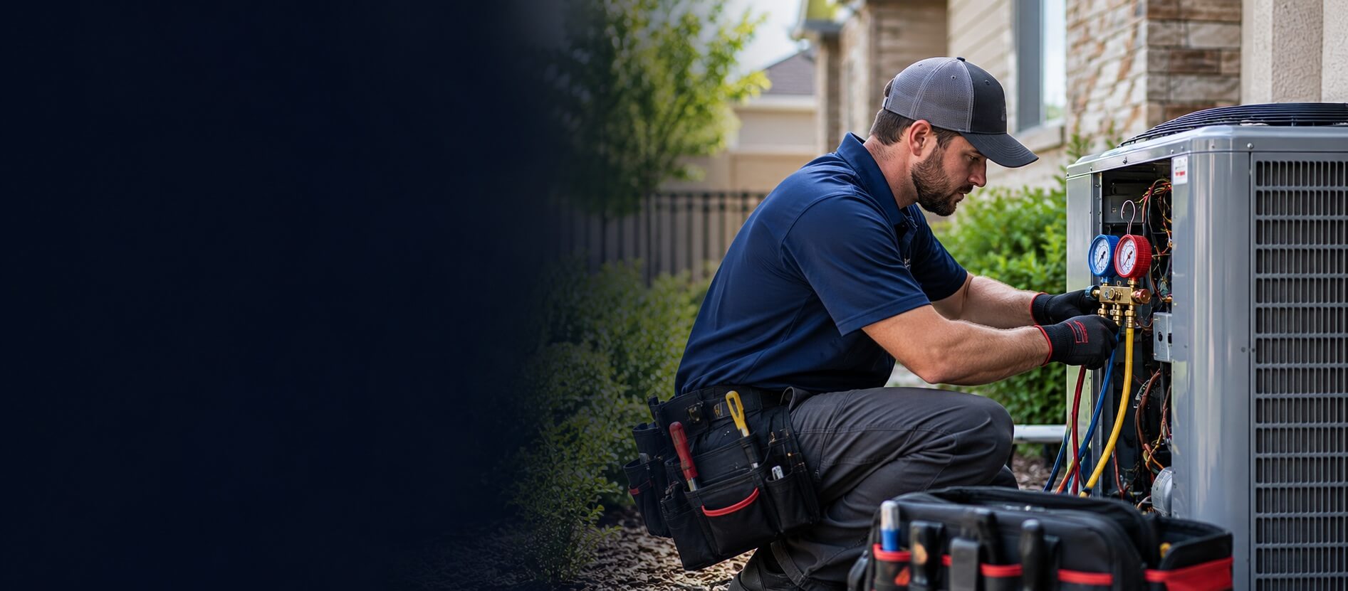 Professional certified HVAC technician inspecting high-efficiency heat pump and AC unit