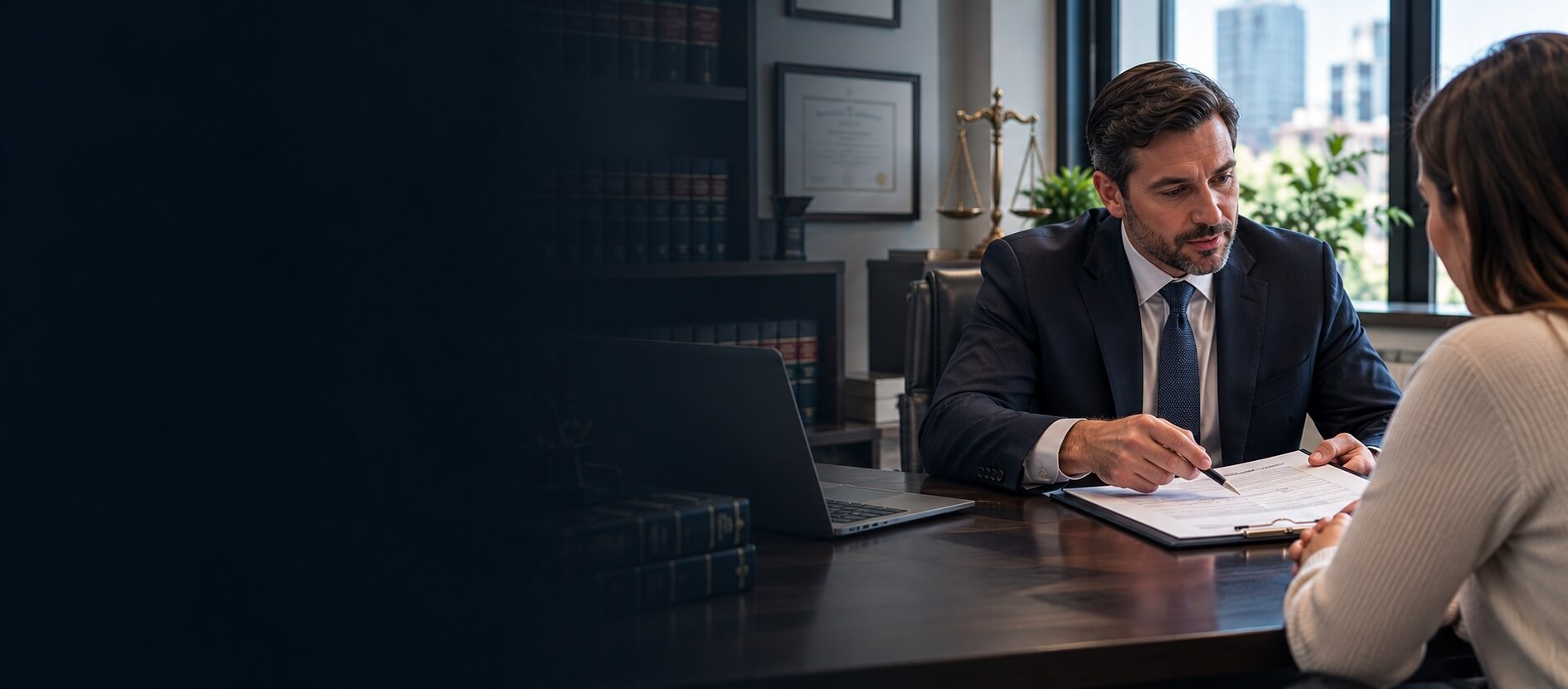 Experienced personal injury attorney preparing high-value litigation case and client consultation
