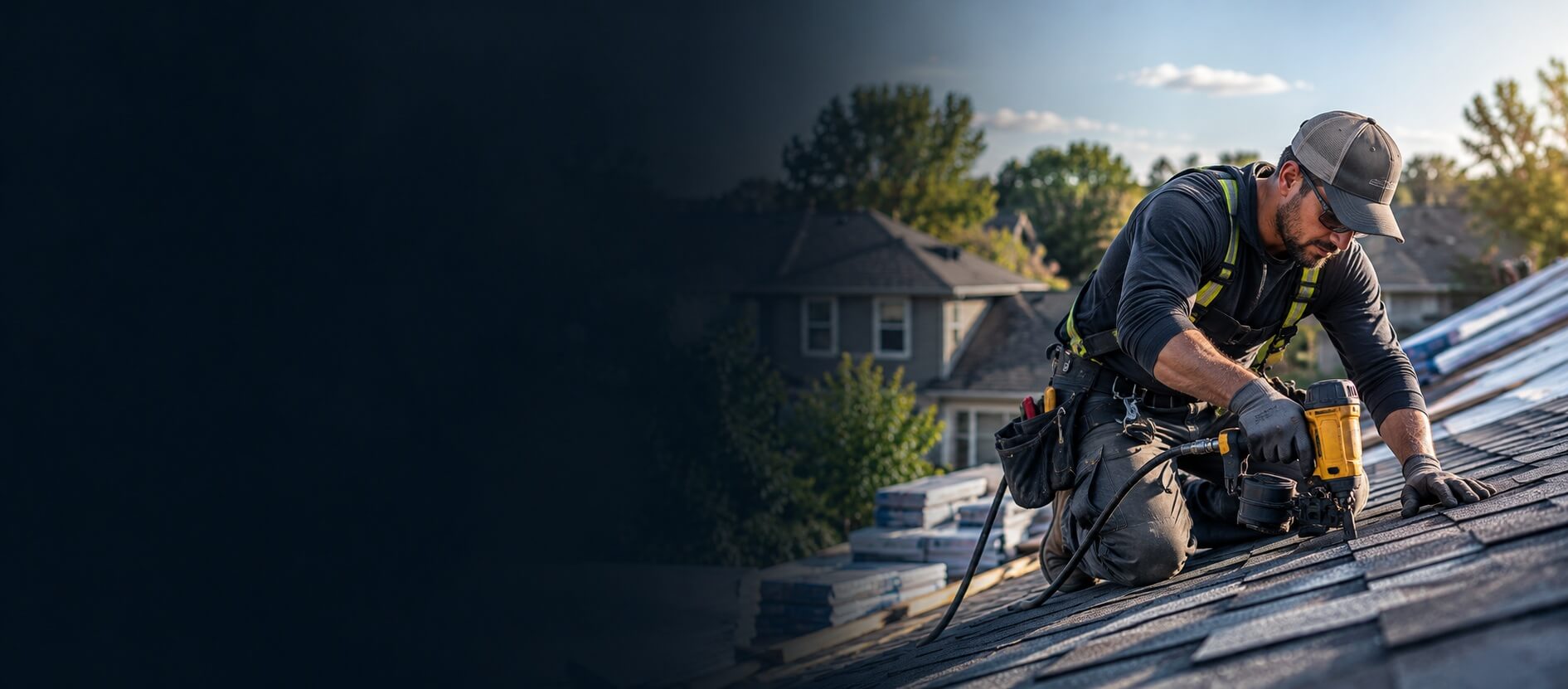 Professional roofing contractor inspecting commercial roof installation and storm restoration