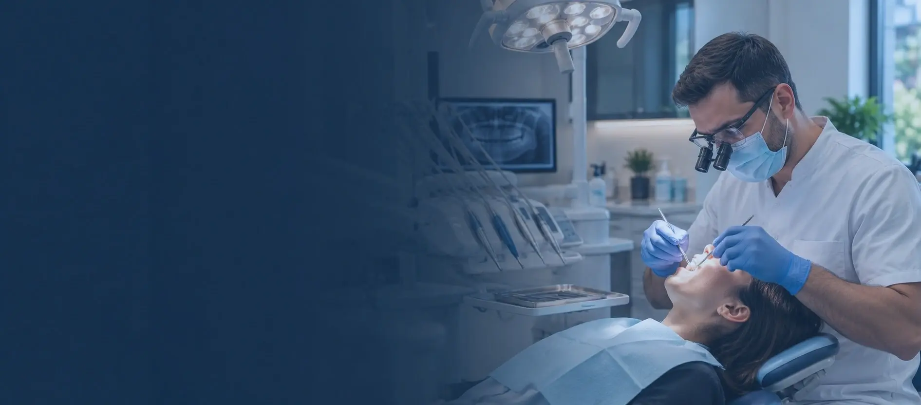 Professional dentist reviewing 3D dental implant diagnostics and patient treatment plan