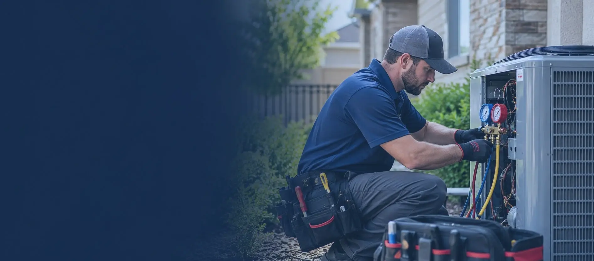 Professional certified HVAC technician inspecting high-efficiency heat pump and AC unit