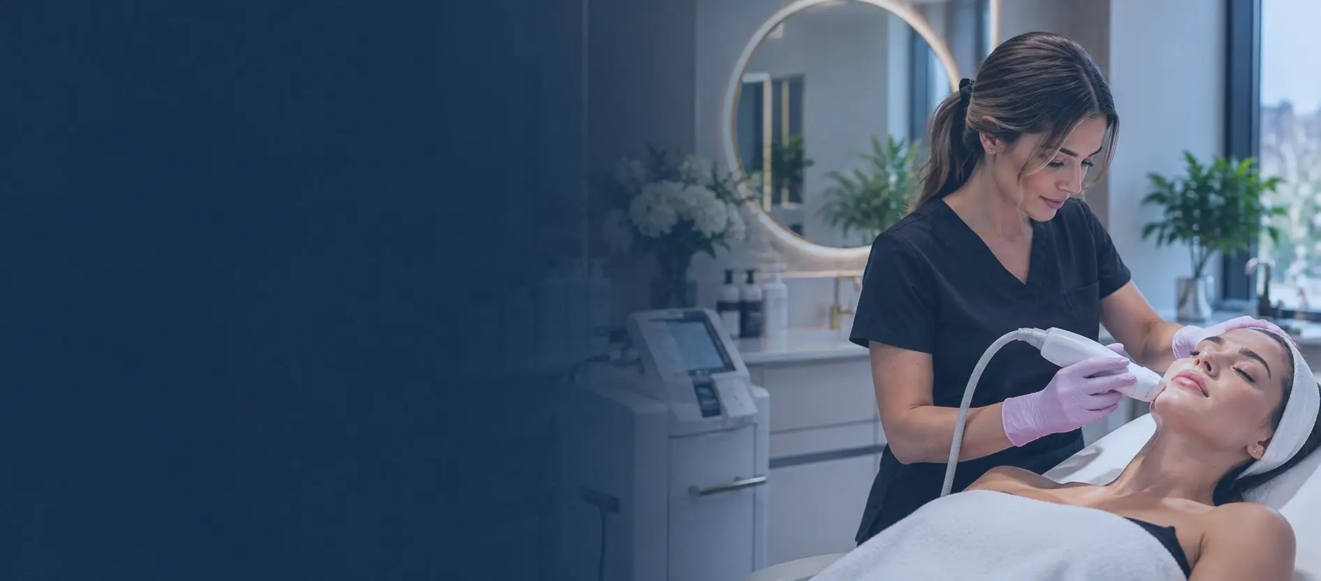 Licensed medical aesthetician performing high-end laser skin therapy at premier med spa