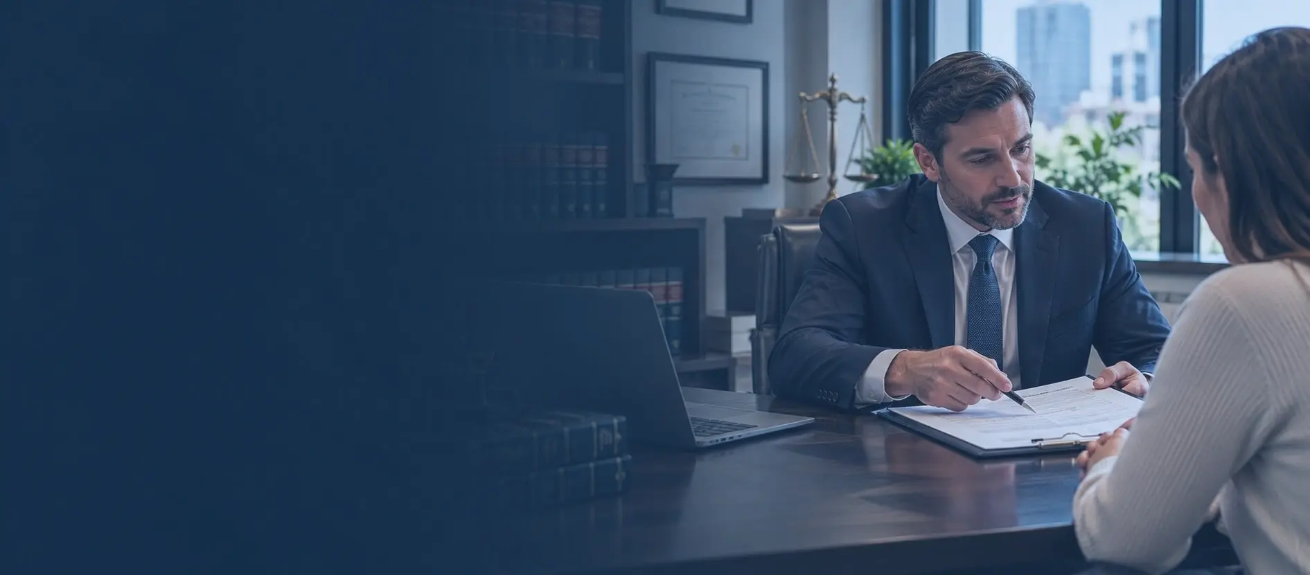 Experienced personal injury attorney preparing high-value litigation case and client consultation